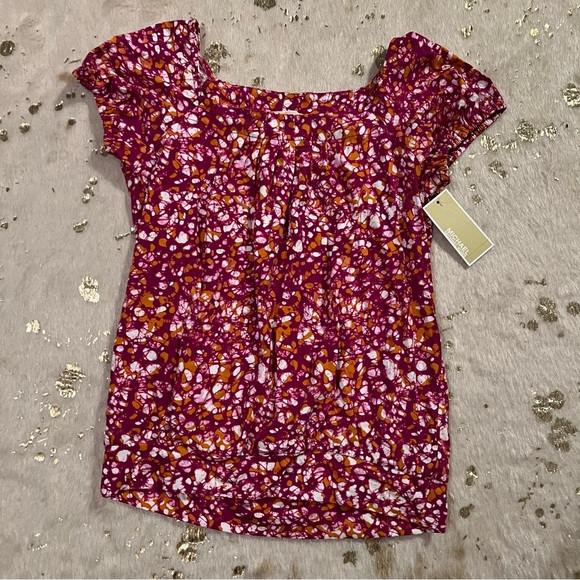 NWT Michael Kors Short Sleeve Pink Orange White Cotton Top - Picture 2 of 7